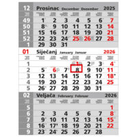 KALENDAR ZIDNI TRODIJELNI SIVI NESPIRALIRANI