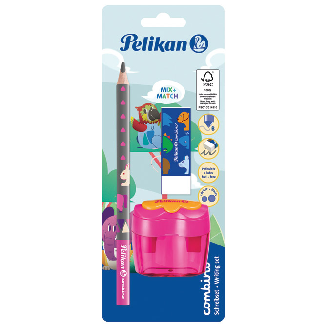 Olovka grafitna b combino plus gumica plus šiljilo dvostruko sa spremnikom pelikan 811217 blister (42