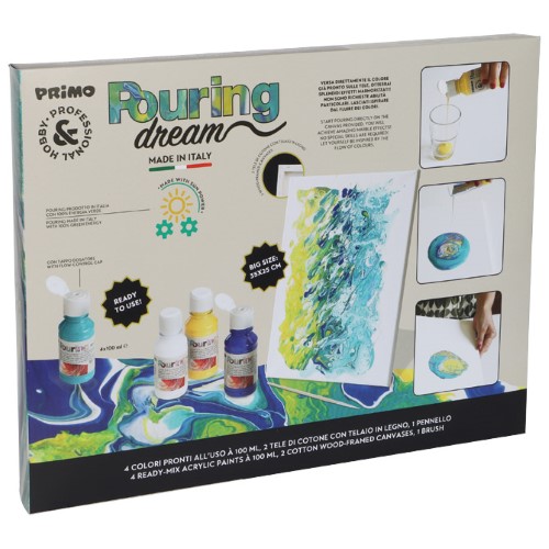 Set boja akrilna za tehniku izlijevanja 100ml 4boje pouring plus 2platna plus kist primo cmp.paintset