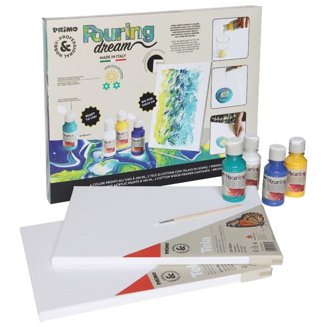 Set boja akrilna za tehniku izlijevanja 100ml 4boje pouring plus 2platna plus kist primo cmp.paintset