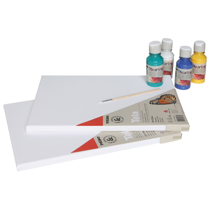 Set boja akrilna za tehniku izlijevanja 100ml 4boje pouring plus 2platna plus kist primo cmp.paintset