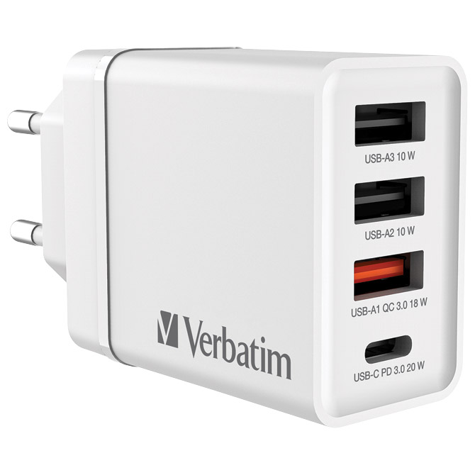 Punjač za mobilne uređaje zidni 1xusb-c/pd 20w/1xusb-a qc 3.0/2xusb-a 10w verbatim 49701 bijeli (5816