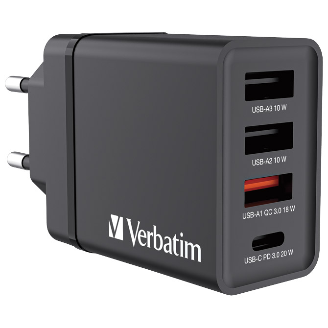 Punjač za mobilne uređaje zidni 1xusb-c/pd 20w/1xusb-a qc 3.0/2xusb-a 10w verbatim 49700 crni (58170)