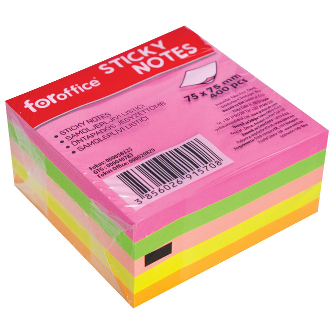 BLOK SAMOLJEPLJIV KOCKA 75X75 MM 400L FOROFFICE 5 BOJA NEON (58325)